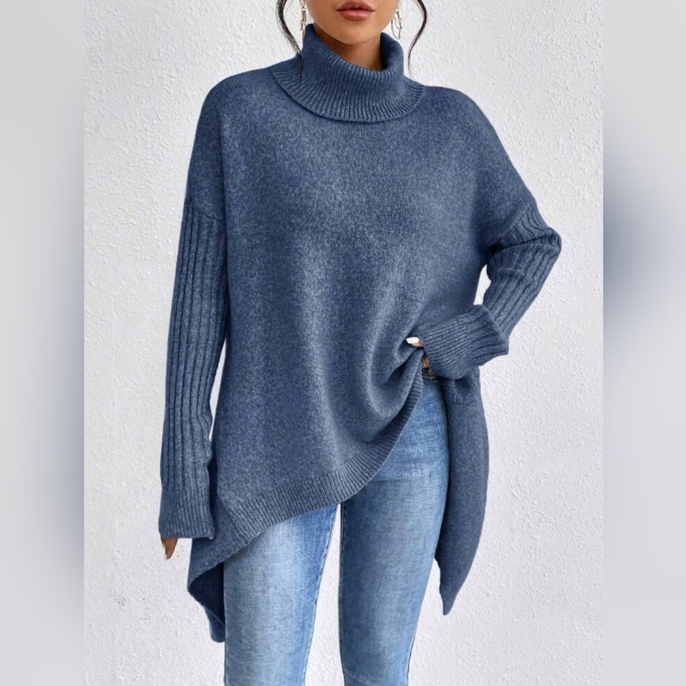 NEW Oversized Ribbed Asymmetrical Hem Turtleneck Sweater Top Blue - Picture 5 of 8